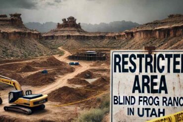 A rugged view of Blind Frog Ranch lawsuit in Utah with excavation sites and rocky terrain.