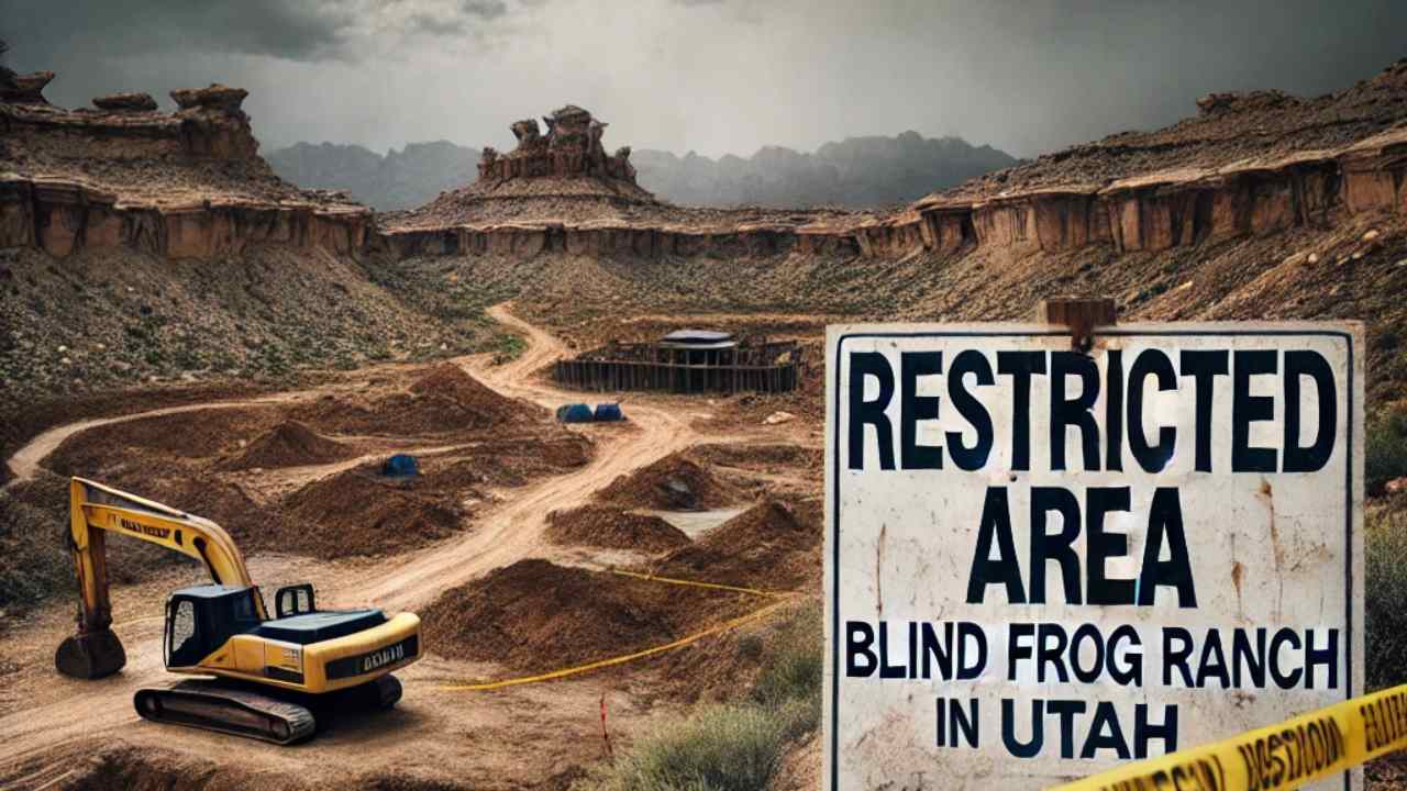 A rugged view of Blind Frog Ranch lawsuit in Utah with excavation sites and rocky terrain.