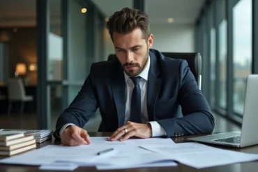 lawyer reviewing corporate fraud liability case documents